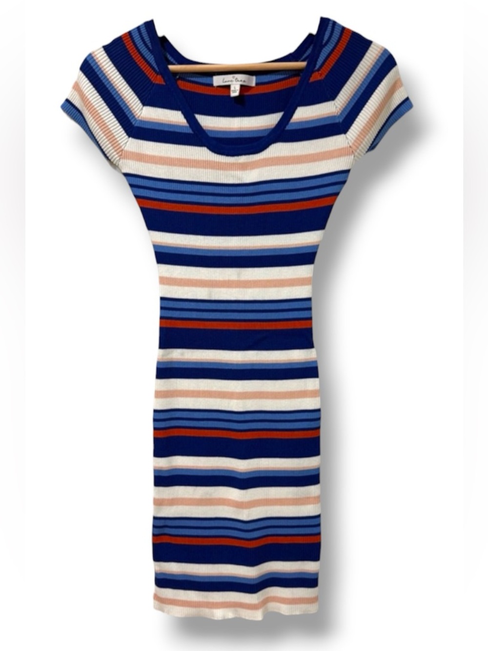 Love Tree Striped Ribbed Knit Cap Sleeve Scoop Neck Mini Dress